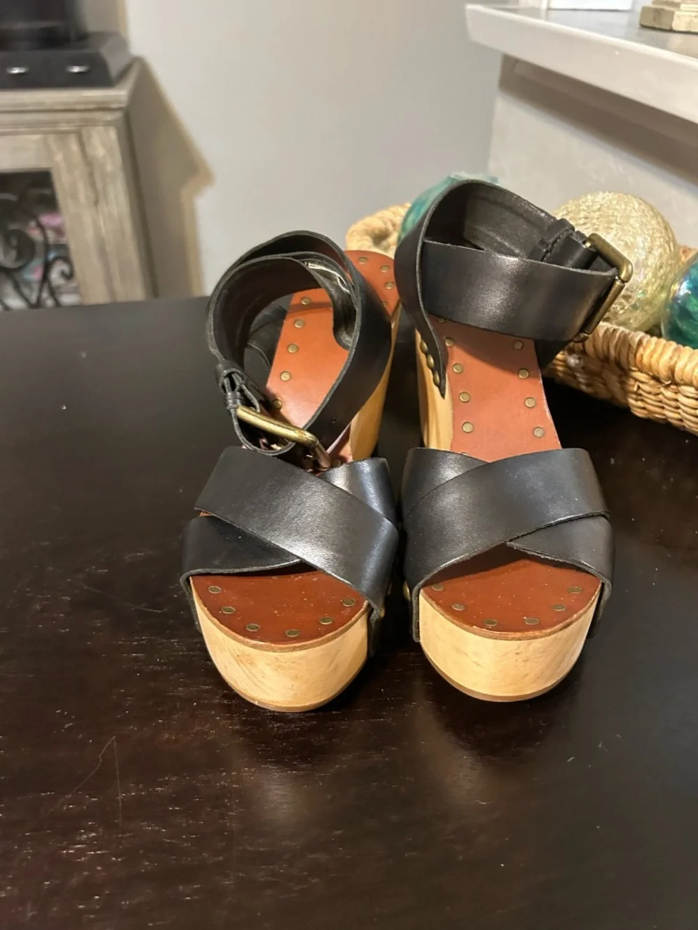 Maje Wooden Wedged Black Leather Ankle Wrap Sandals Size 38
